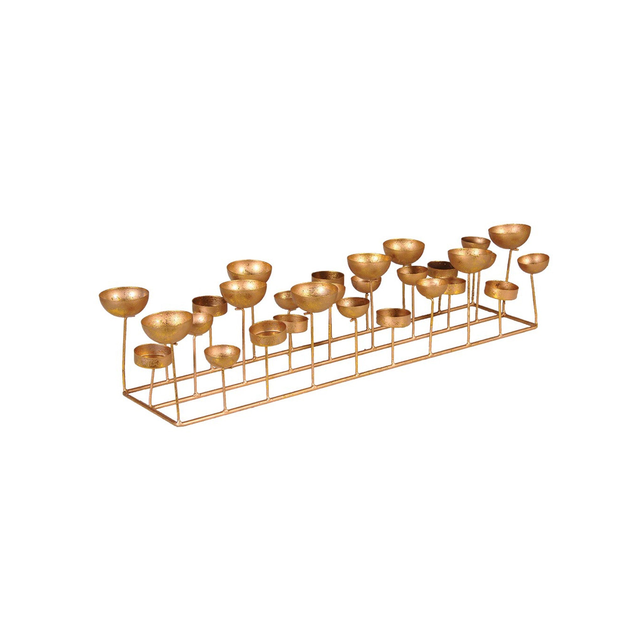 Multi tealight holder, on a gold rectangular frame. Dimensions: H:125 W:580 D:185 mm Materials: Soft Iron Delivery: 7-10 days